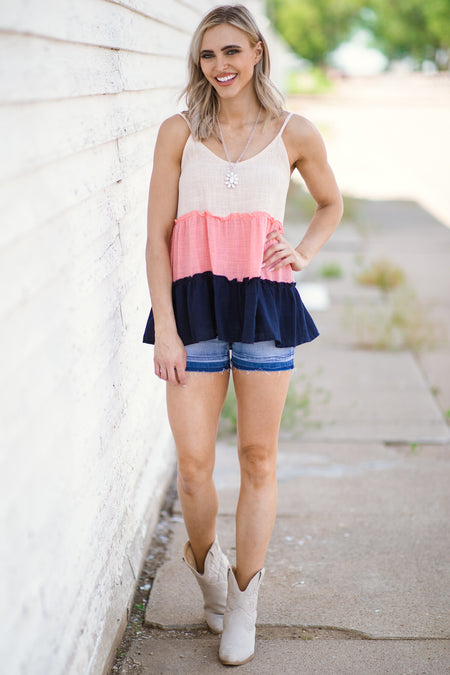 Navy and Baby Pink Colorblock Tiered Tank - Filly Flair