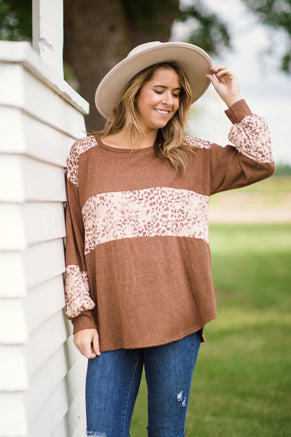 Brown and Tan Animal Print Colorblock Top - Filly Flair