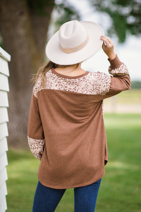 Brown and Tan Animal Print Colorblock Top - Filly Flair