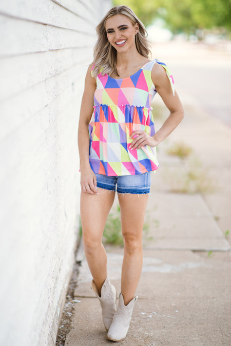 Coral Multicolor Geometric Print Babydoll Tank - Filly Flair