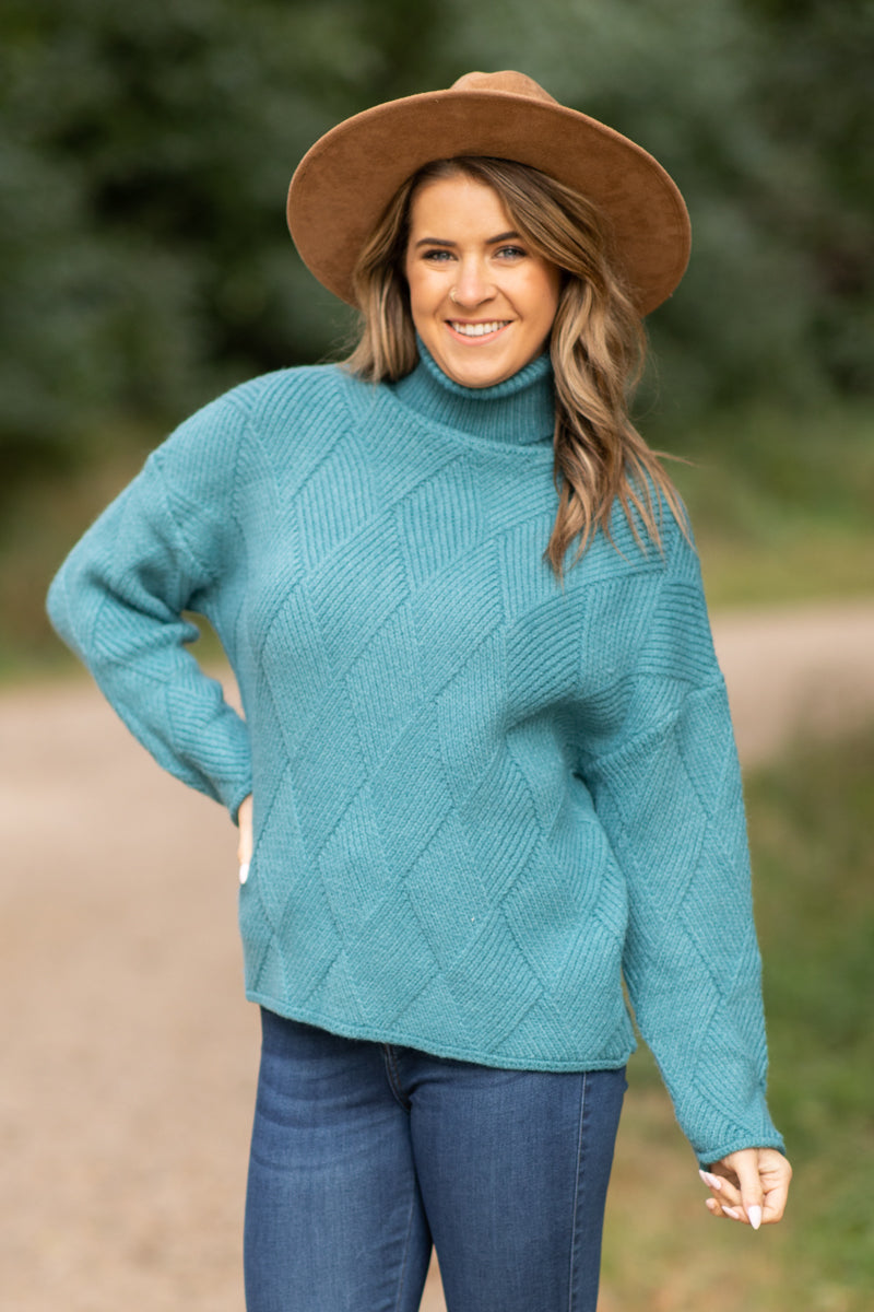 Teal Diamond Texture Turtleneck Sweater - Filly Flair