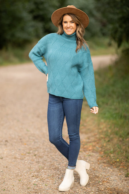 Teal Diamond Texture Turtleneck Sweater - Filly Flair