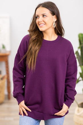 Eggplant Crew Neck Sweatshirt With Pockets - Filly Flair