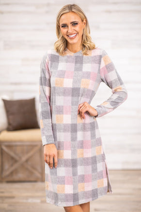 Grey Multicolor Plaid Long Sleeve Dress - Filly Flair