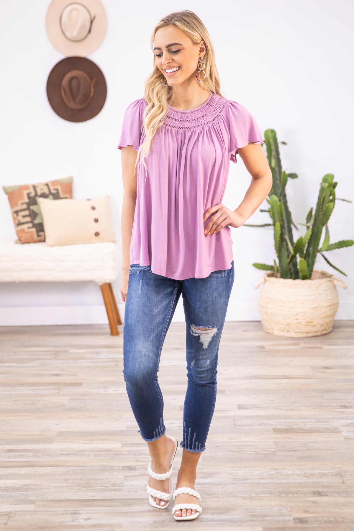 Orchid Pleat Detail Flutter Sleeve Top - Filly Flair