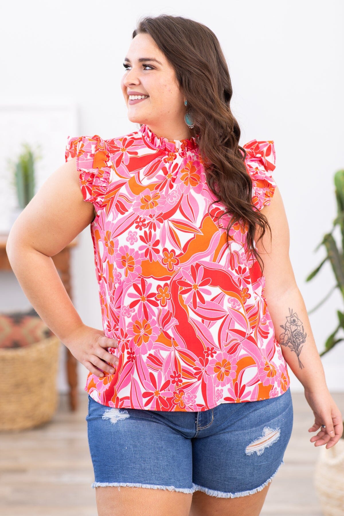 Pink Floral Print Ruffle Neck Top - Filly Flair