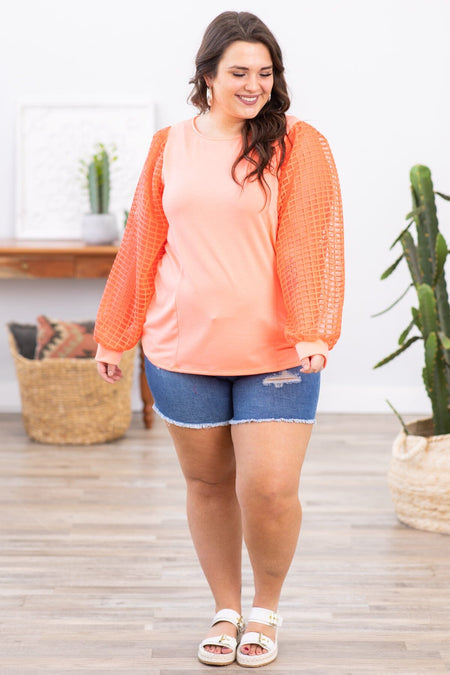 Neon Coral Textured Ballon Sleeve Top - Filly Flair