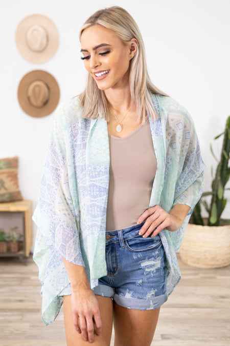 Mint and Cornflower Aztec Print Kimono - Filly Flair