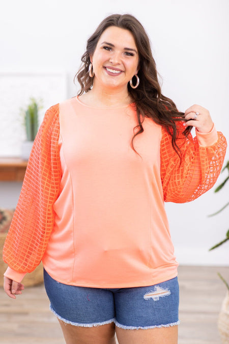 Neon Coral Textured Ballon Sleeve Top - Filly Flair