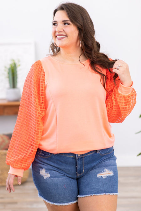 Neon Coral Textured Ballon Sleeve Top - Filly Flair