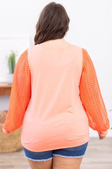 Neon Coral Textured Ballon Sleeve Top - Filly Flair