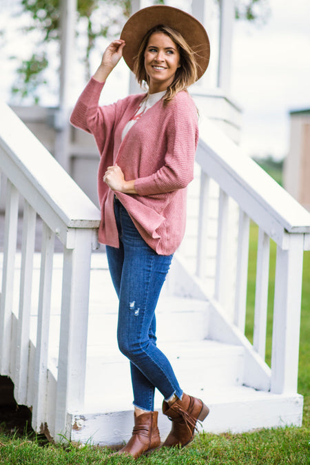 Dusty Rose Melange Dolman Sleeve Cardigan - Filly Flair