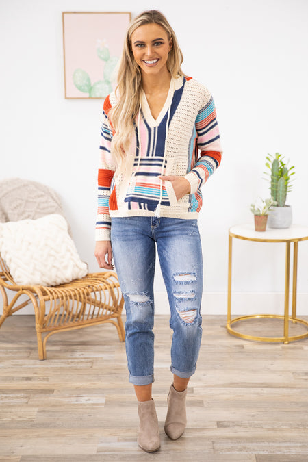 Cream Multicolor Stripe Hooded Top with Pocket - Filly Flair