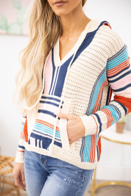 Cream Multicolor Stripe Hooded Top with Pocket - Filly Flair