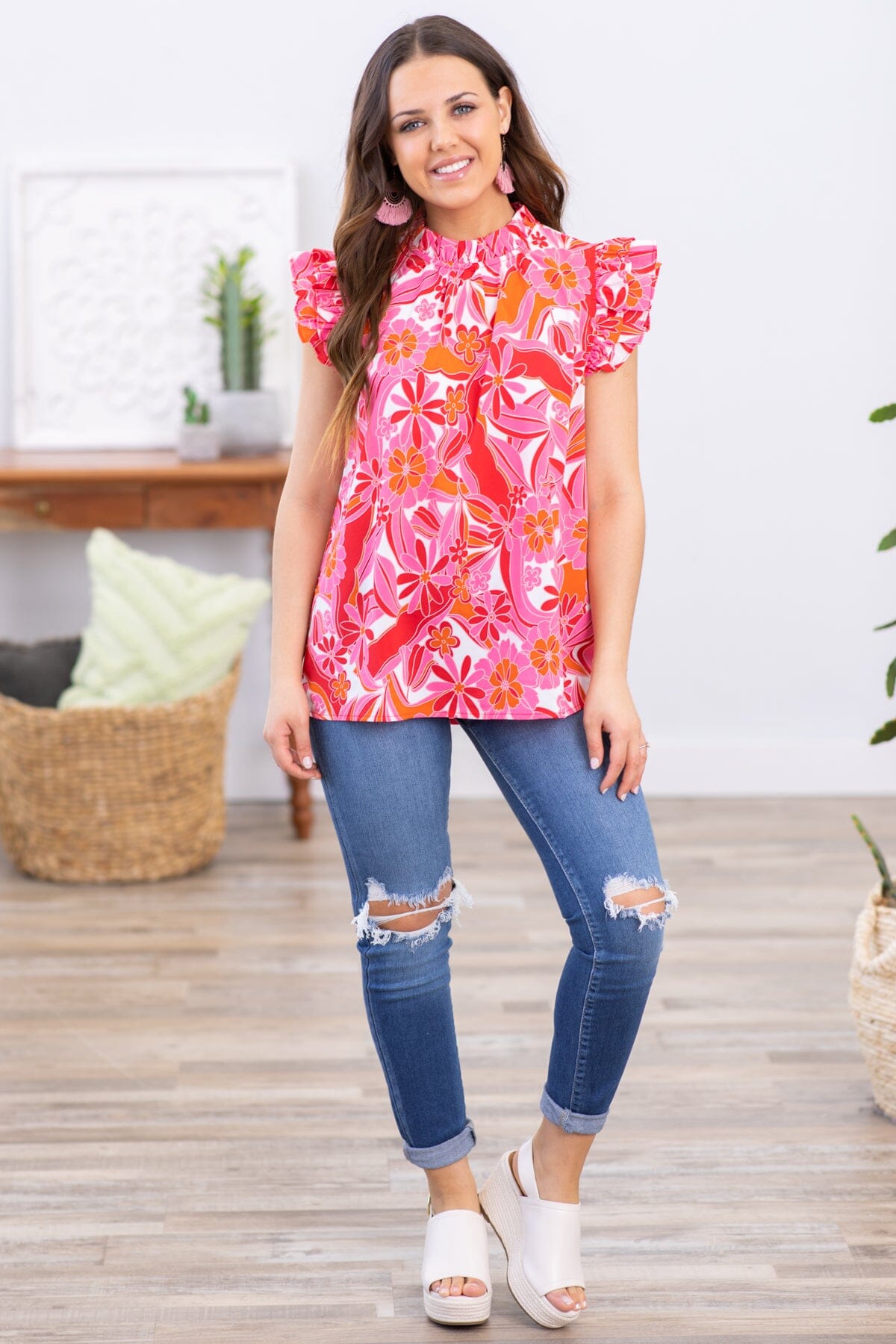 Pink Floral Print Ruffle Neck Top - Filly Flair