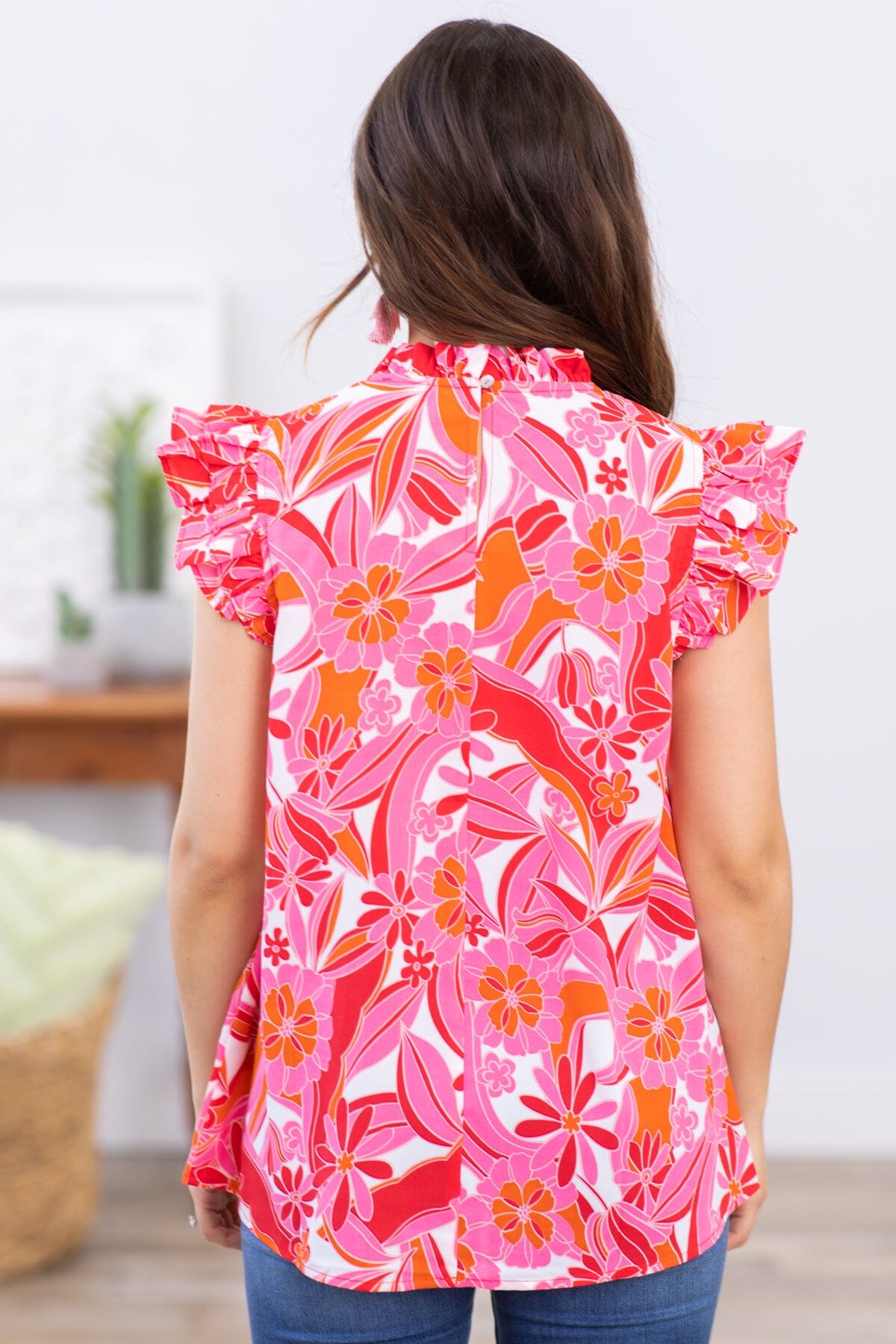 Pink Floral Print Ruffle Neck Top - Filly Flair