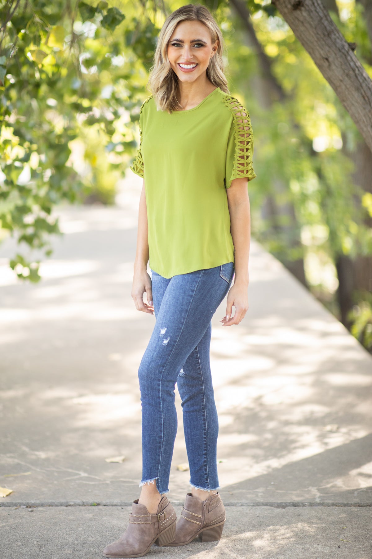 Light Olive Lattice Sleeve Top - Filly Flair