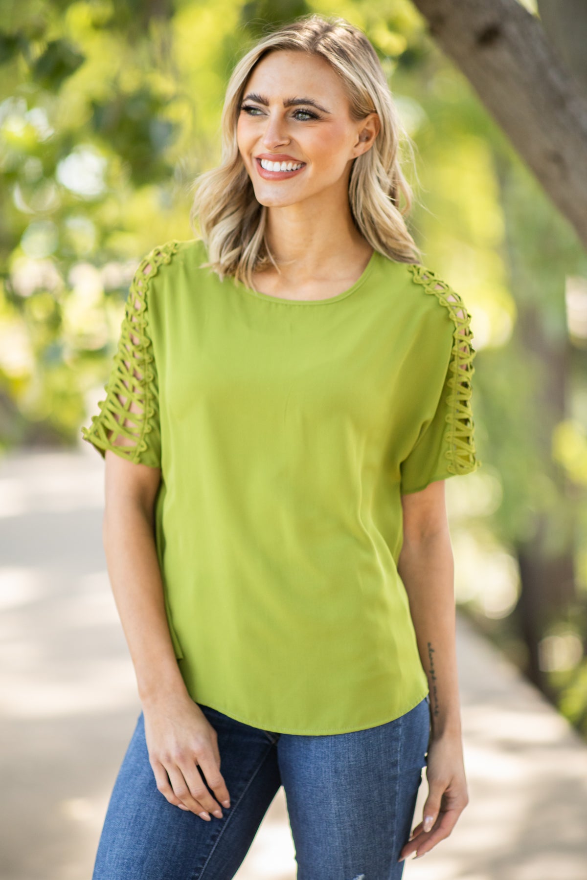 Light Olive Lattice Sleeve Top - Filly Flair