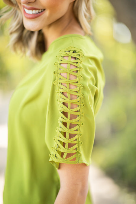 Light Olive Lattice Sleeve Top - Filly Flair