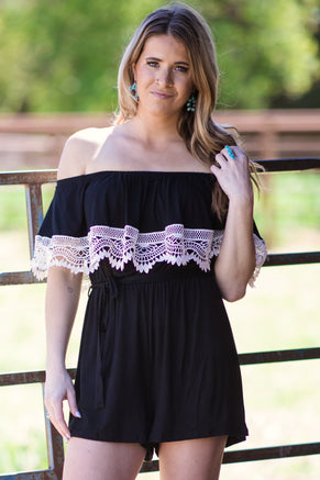 Black and Cream Crochet Trim Romper - Filly Flair