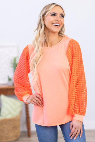 Neon Coral Textured Ballon Sleeve Top