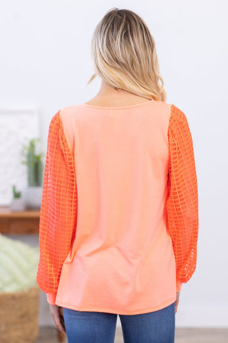 Neon Coral Textured Ballon Sleeve Top - Filly Flair