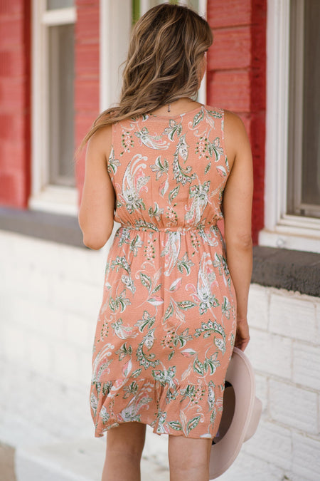 Salmon Paisley Print Ruffle Hem Dress - Filly Flair