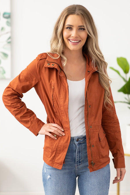 Rust Zipper Chest Pocket Utility Jacket - Filly Flair