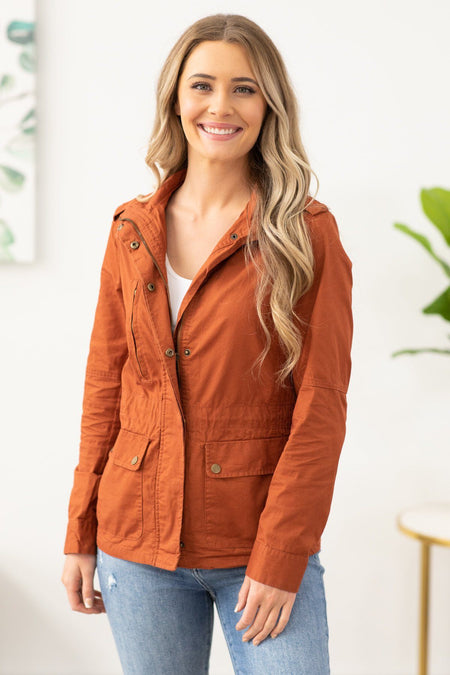 Rust Zipper Chest Pocket Utility Jacket - Filly Flair