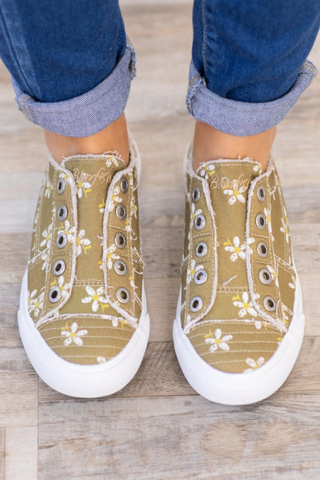 Light Olive Daisy Print Slip On Sneakers - Filly Flair