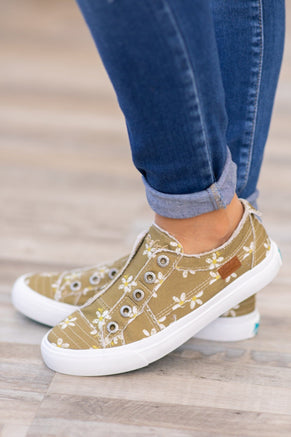 Light Olive Daisy Print Slip On Sneakers - Filly Flair