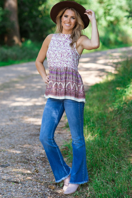 Cream and Mauve Floral Border Print Tank - Filly Flair