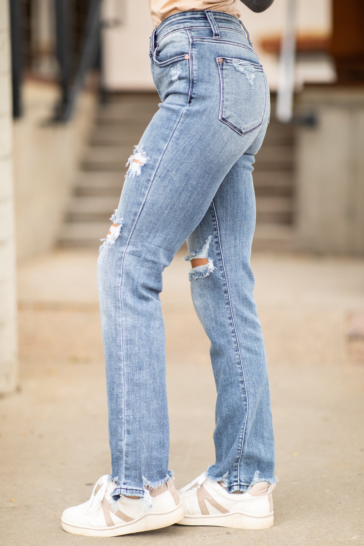 Women's Distressed Straight Leg Denim Jeans