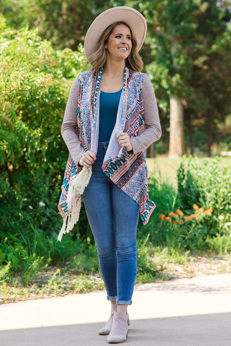 Taupe Multicolor Fringe Trim Aztec Cardigan - Filly Flair