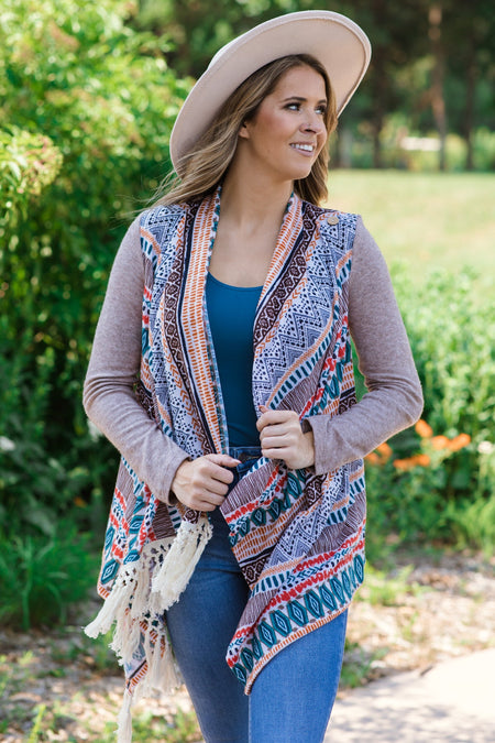 Taupe Multicolor Fringe Trim Aztec Cardigan - Filly Flair