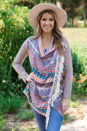 Taupe Multicolor Fringe Trim Aztec Cardigan - Filly Flair