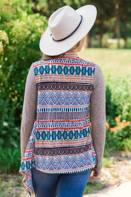 Taupe Multicolor Fringe Trim Aztec Cardigan - Filly Flair