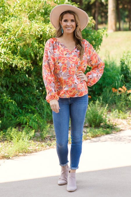 Orange and Taupe Floral Balloon Sleeve Top - Filly Flair