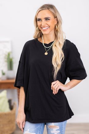 Black Drop Shoulder Boyfriend Fit Tee - Filly Flair