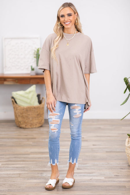 Mocha Drop Shoulder Boyfriend Fit Tee - Filly Flair