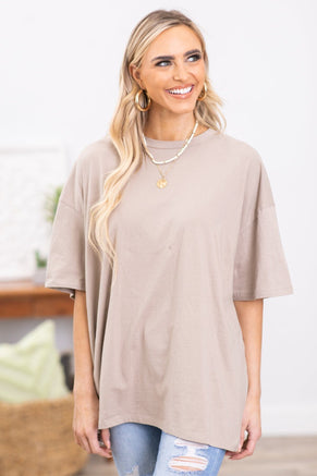 Mocha Drop Shoulder Boyfriend Fit Tee - Filly Flair