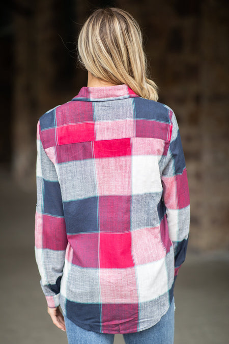 Berry and Navy Plaid Button Up Top - Filly Flair