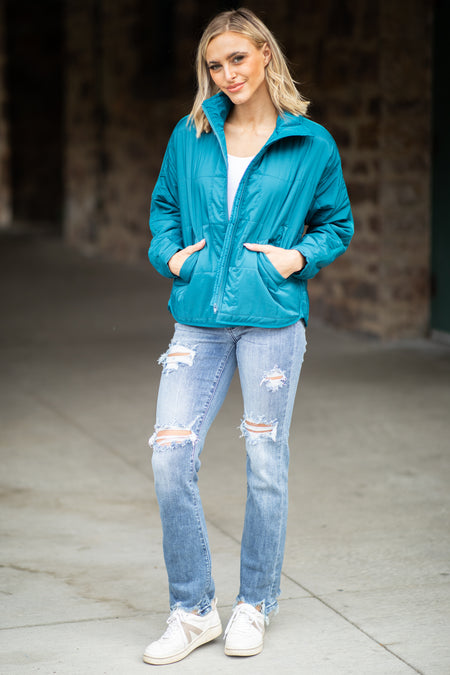 Teal Quilted Funnel Neck Jacket - Filly Flair