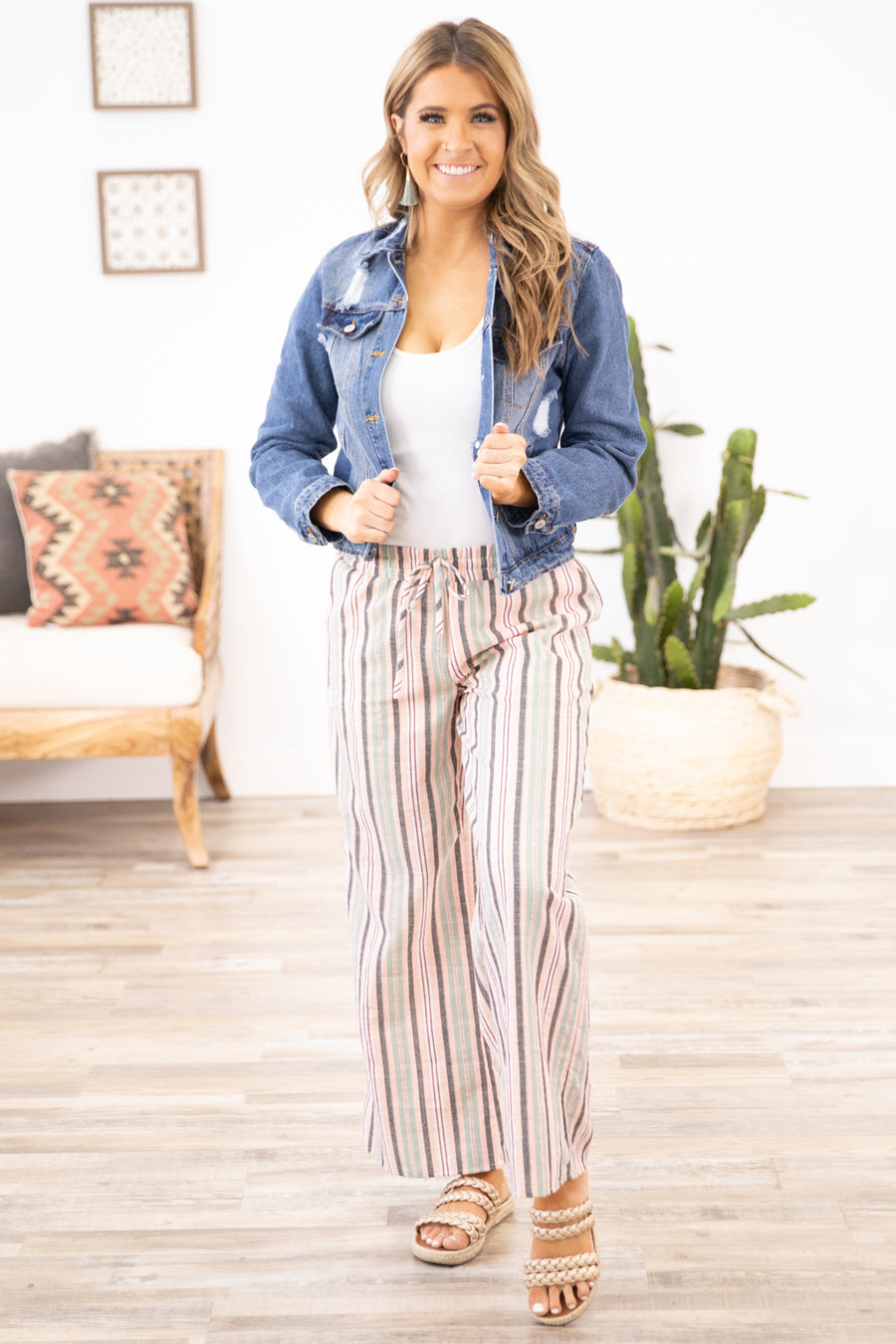 Sage and Blush Stripe Elastic Waist Pants - Filly Flair