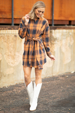 Orange and Navy Plaid Tie Waist Shirt Dress - Filly Flair