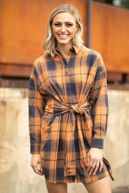 Orange and Navy Plaid Tie Waist Shirt Dress - Filly Flair