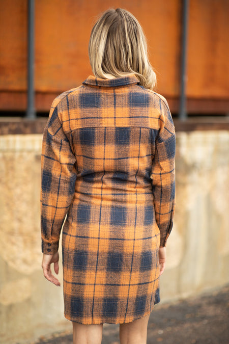 Orange and Navy Plaid Tie Waist Shirt Dress - Filly Flair