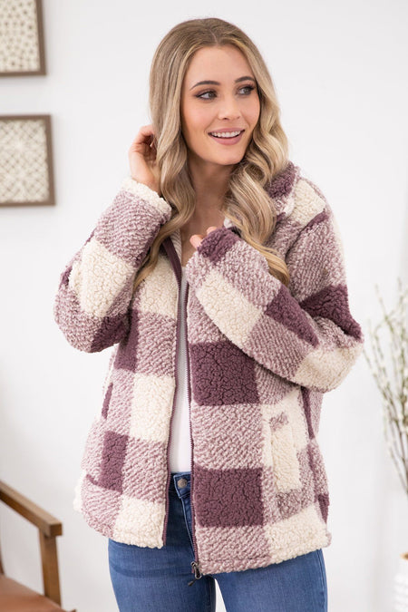 Mauve and Cream Plaid Sherpa Jacket - Filly Flair