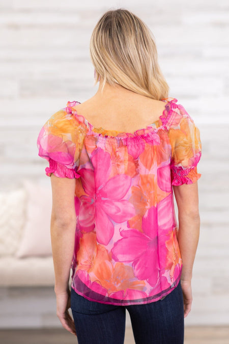 Hot Pink and Orange Floral Puff Sleeve Top - Filly Flair