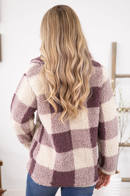 Mauve and Cream Plaid Sherpa Jacket - Filly Flair